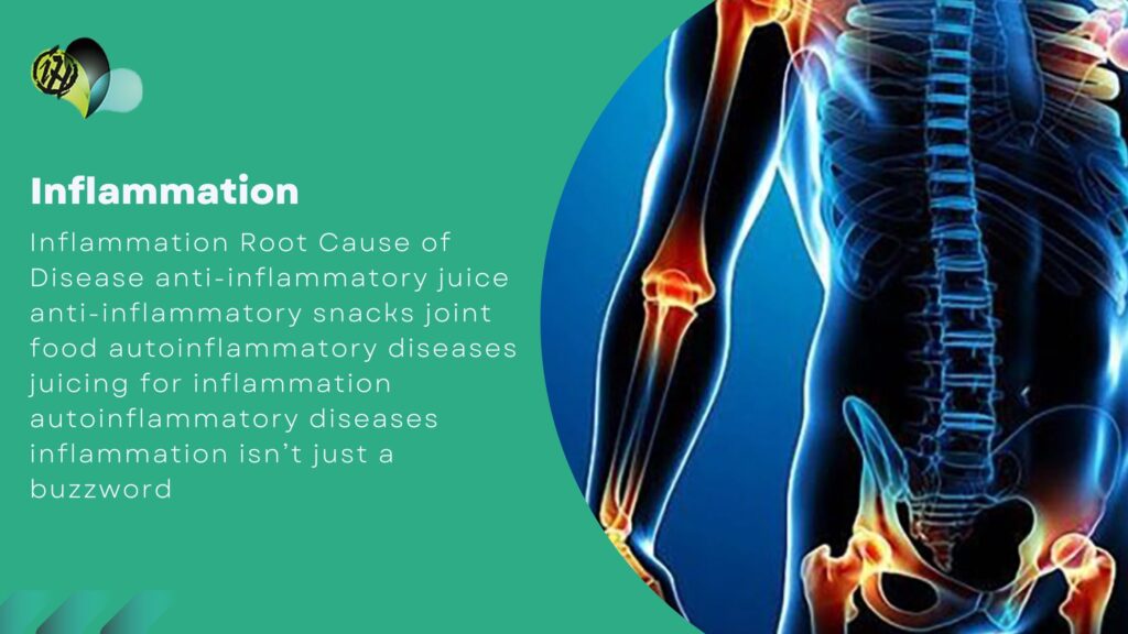 Illustration showing inflammation as the root cause of disease with healthy vs. inflamed cells.